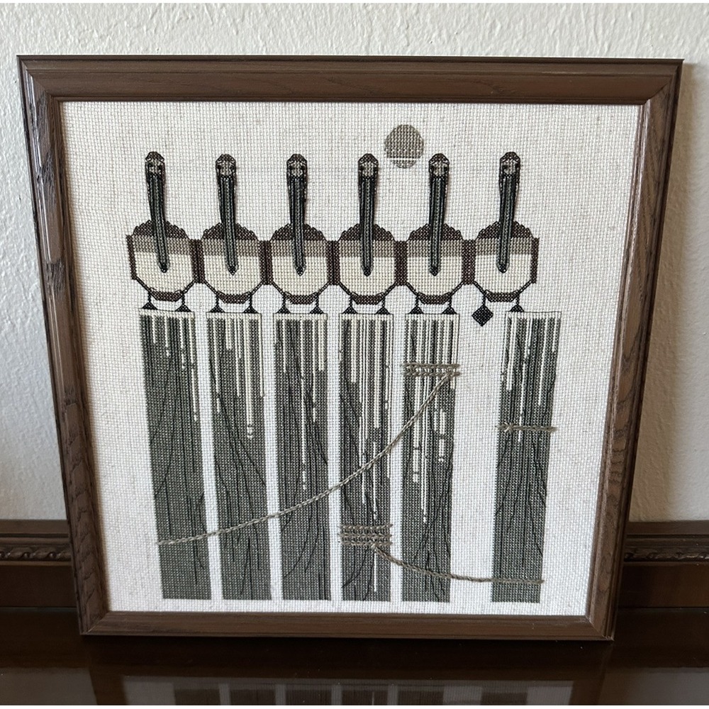 Vintage Charley Harper Pier Group Framed Pelican Cross Stitch 13" x 13"